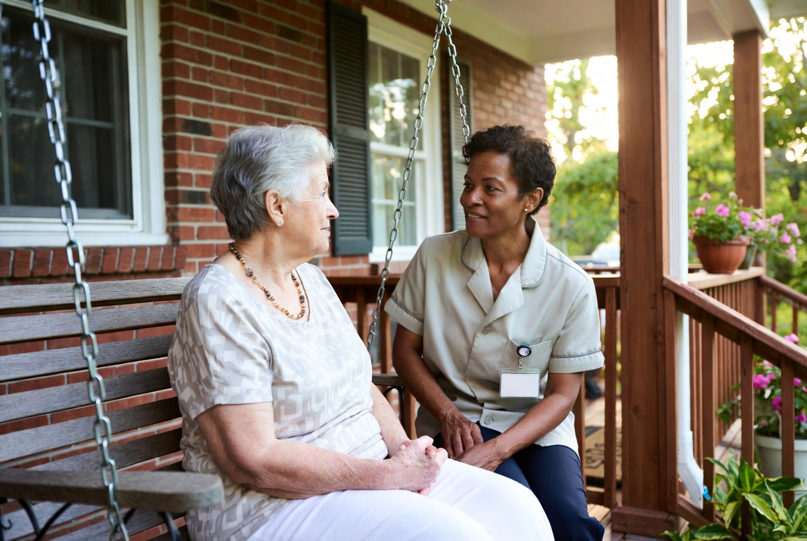Senior in a comfortable residential home setting with a caregiver
