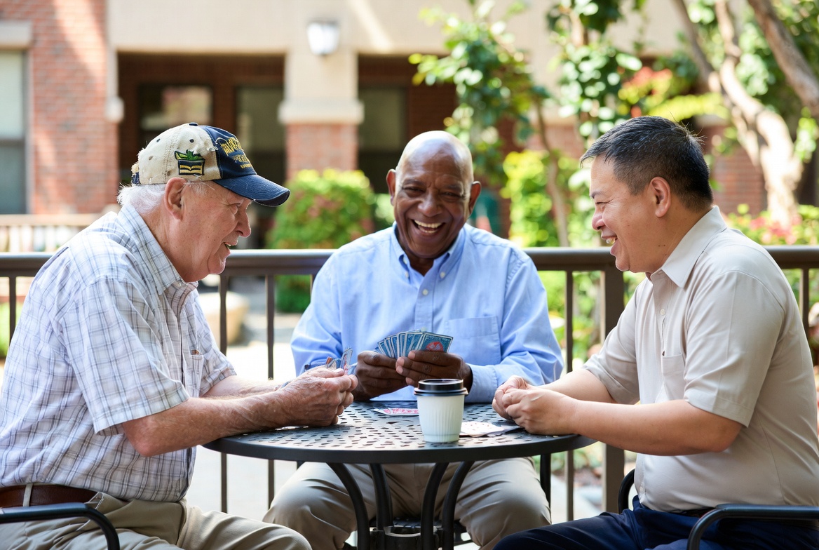 Seniors enjoying lunch together in an assisted living dining room