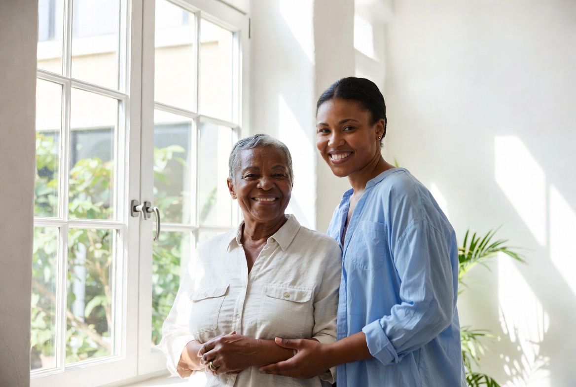 Senior walking with caregiver in assisted living hallway
