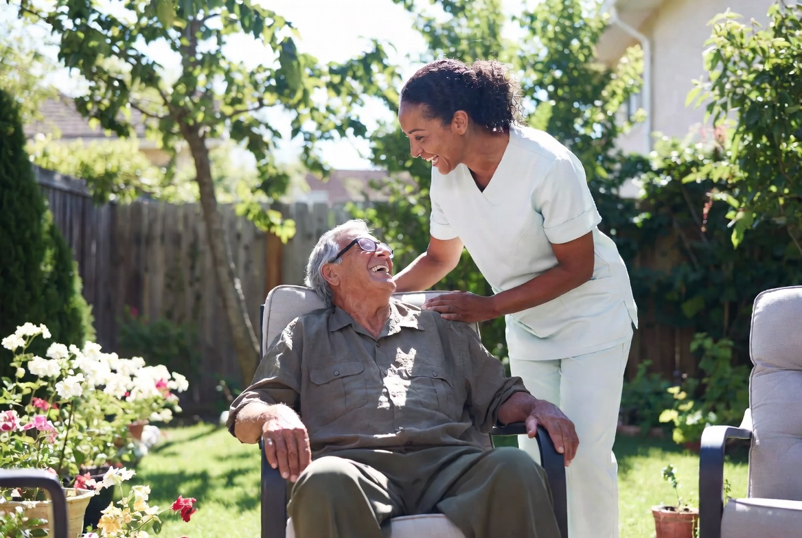 Home care aide assisting a senior in his living room