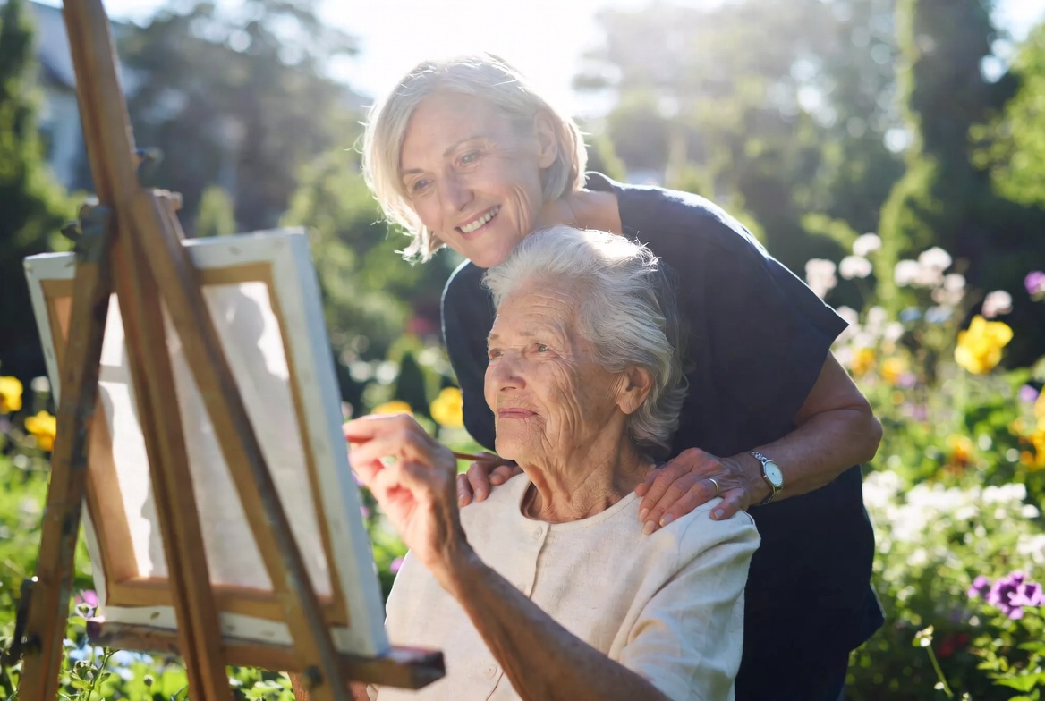 Elderly woman doing art with a caregiver in a memory care activity room